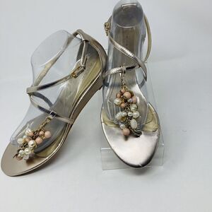 Tahari Women Gold Sandals Ray Style With‎ Bead Decoration Wedge Heel Sz 10 M
